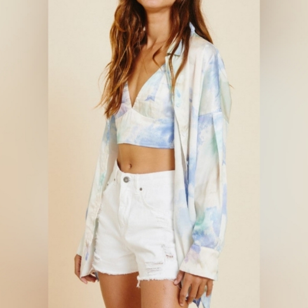 Time After Time Slouchy,  Ophelia 2 Piece Satin Crop Top And Button sz L,tie Dye